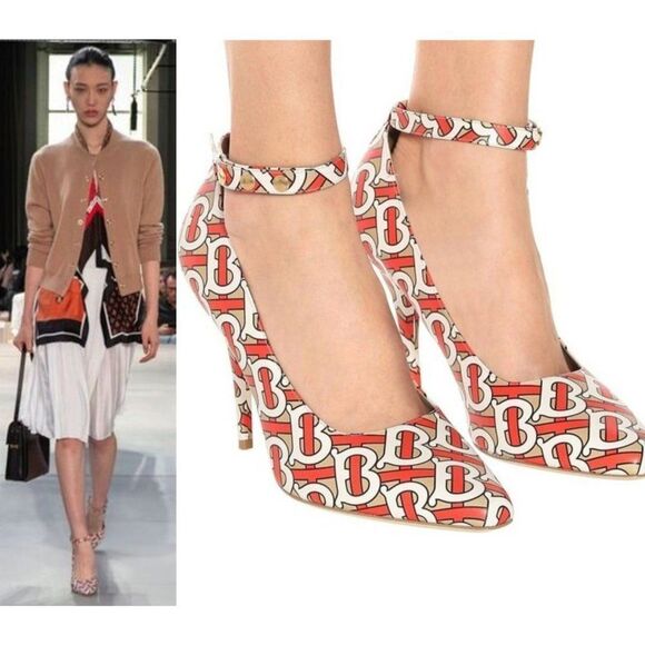 NWT BURBERRY Runway Red & Beige TB Monogram Logomania Ankle Strap Pumps … - Picture 3 of 13
